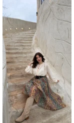 Faylinn Kemerli Baskılı Etek - Yeşil - Kod: 3374