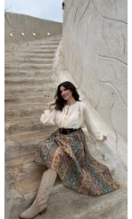 Faylinn Kemerli Baskılı Etek - Yeşil - Kod: 3374