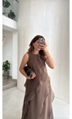 Felicity Astarlı Pelerin Elbise - Kahve - Kod: 3450