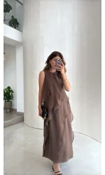 Felicity Astarlı Pelerin Elbise - Kahve - Kod: 3450