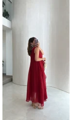 Felicity Astarlı Pelerin Elbise - Kırmızı - Kod: 3450