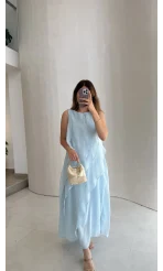 Felicity Astarlı Pelerin Elbise - Mavi - Kod: 3450