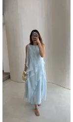 Felicity Astarlı Pelerin Elbise - Mavi - Kod: 3450
