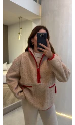 Fermuar Cepli Peluş Hırka - Taş - Kod: 4247