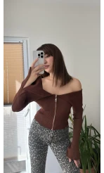 Fermuarlı Madonno Yaka Hırka - Kazak Acı Kahve