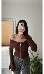 Fermuarlı Madonno Yaka Hırka - Kazak Acı Kahve