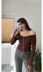 Fermuarlı Madonno Yaka Hırka - Kazak Acı Kahve