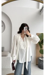 Fırfır Detay Fular Bağlamalı Vatkalı Gömlek - Beyaz - Kod: 112246