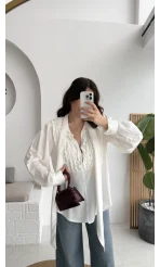 Fırfır Detay Fular Bağlamalı Vatkalı Gömlek - Beyaz - Kod: 112246