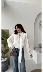 Fırfır Detay Fular Bağlamalı Vatkalı Gömlek - Beyaz - Kod: 112246