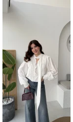 Fırfır Detay Fular Bağlamalı Vatkalı Gömlek - Beyaz - Kod: 112246
