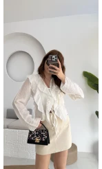 Fırfırlı Bağlamalı Gömlek Beyaz