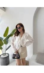Fırfırlı Bağlamalı Gömlek Beyaz