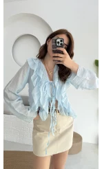 Fırfırlı Bağlamalı Gömlek Mavi