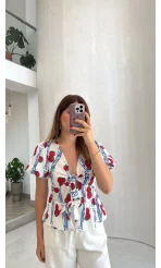 Fiyonklu Desenli Bluz - Beyaz - Kod: 3285