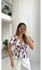 Fiyonklu Desenli Bluz - Beyaz - Kod: 3285