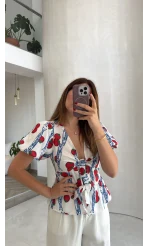 Fiyonklu Desenli Bluz - Beyaz - Kod: 3285