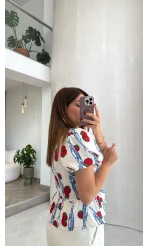 Fiyonklu Desenli Bluz - Beyaz - Kod: 3285