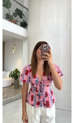 Fiyonklu Desenli Bluz - Pembe - Kod: 3285