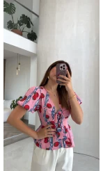Fiyonklu Desenli Bluz - Pembe - Kod: 3285