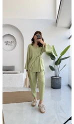 Flamin Yandan Bağlamalı Kimono Şalvar Takım - Yeşil - 8019