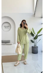 Flamin Yandan Bağlamalı Kimono Şalvar Takım - Yeşil - 8019