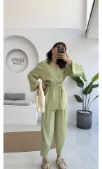 Flamin Yandan Bağlamalı Kimono Şalvar Takım - Yeşil - 8019