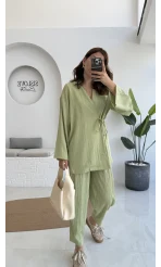 Flamin Yandan Bağlamalı Kimono Şalvar Takım - Yeşil - 8019
