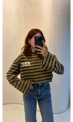 Flex Çizgili Baskı Detay Sweatshirt - Haki - Kod: 1130