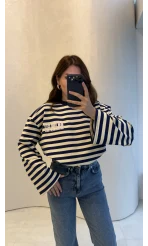 Flex Çizgili Baskı Detay Sweatshirt - Lacivert - Kod: 1130