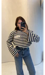 Flex Çizgili Baskı Detay Sweatshirt - Lacivert - Kod: 1130