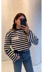 Flex Çizgili Baskı Detay Sweatshirt - Lacivert - Kod: 1130