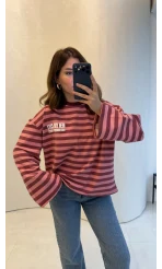 Flex Çizgili Baskı Detay Sweatshirt - Pembe - Kod: 1130