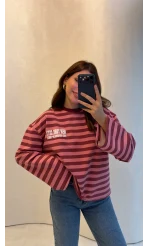 Flex Çizgili Baskı Detay Sweatshirt - Pembe - Kod: 1130