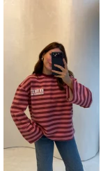 Flex Çizgili Baskı Detay Sweatshirt - Pembe - Kod: 1130