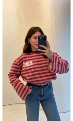 Flex Çizgili Baskı Detay Sweatshirt - Pembe - Kod: 1130