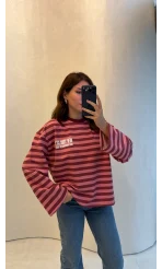 Flex Çizgili Baskı Detay Sweatshirt - Pembe - Kod: 1130