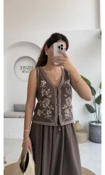 Florida Nakış İşlemeli Yelek Etek Takım - Kahve - 8018