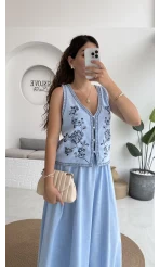 Florida Nakış İşlemeli Yelek Etek Takım - Mavi - 8018