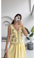 Florida Nakış İşlemeli Yelek Etek Takım - Sarı - 8018