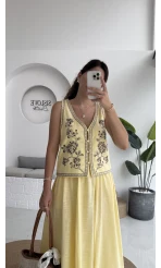 Florida Nakış İşlemeli Yelek Etek Takım - Sarı - 8018
