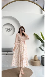 Forrest - Çiçek Detaylı Astarlı Elbise - Bej - 3039