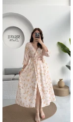 Forrest - Çiçek Detaylı Astarlı Elbise - Bej - 3039