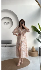 Forrest - Çiçek Detaylı Astarlı Elbise - Bej - 3039