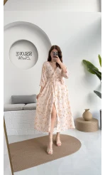 Forrest - Çiçek Detaylı Astarlı Elbise - Bej - 3039
