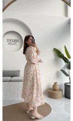 Forrest - Çiçek Detaylı Astarlı Elbise - Bej - 3039
