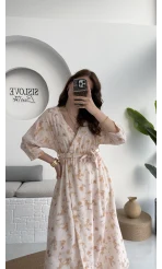 Forrest - Çiçek Detaylı Astarlı Elbise - Bej - 3039