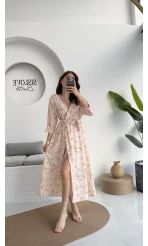 Forrest - Çiçek Detaylı Astarlı Elbise - Bej - 3039