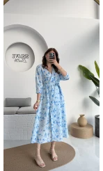 Forrest - Çiçek Detaylı Astarlı Elbise - Mavi - 3039