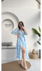 Forrest - Çiçek Detaylı Astarlı Elbise - Mavi - 3039